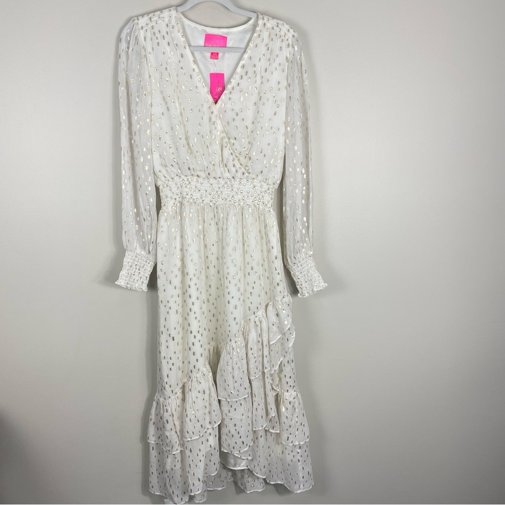 Lilly Pulitzer Cristiana Midi Dress Womens 8 Metallic Coconut Print Gold Ruffle - Picture 4 of 13